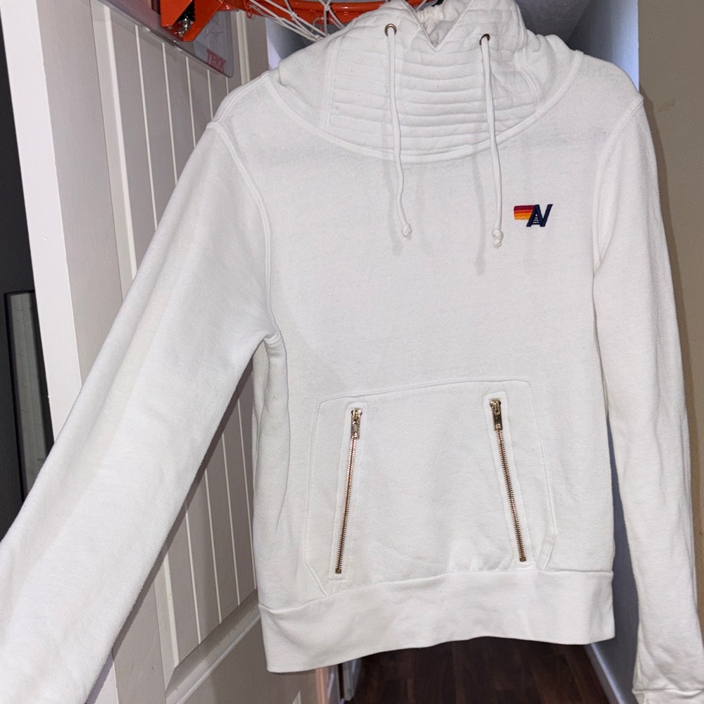 Aviator Nation White Hoodie with Rainbow Logo